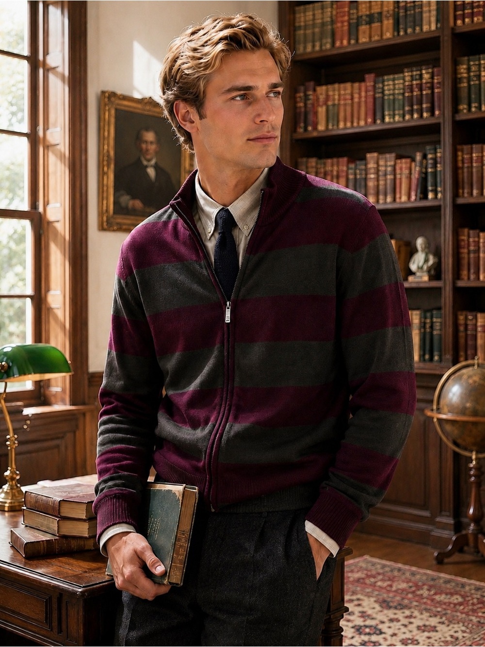 Vtg Marc Ecko Full-Zip Sweater Men S Burgundy & Charcoal Striped Dark Academia